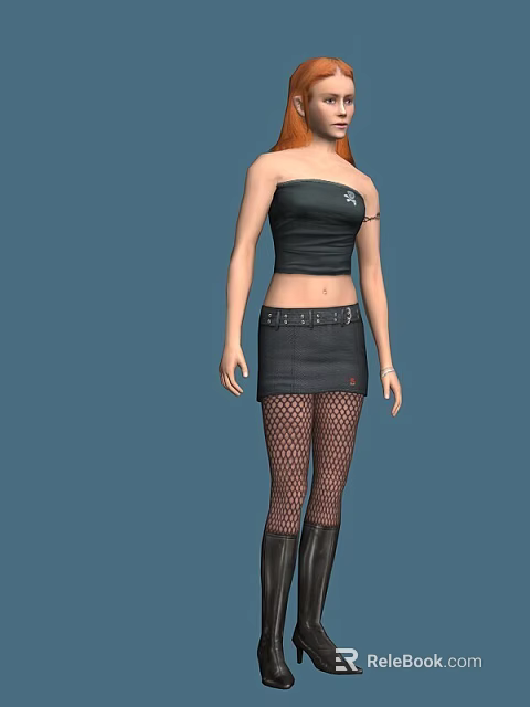 Fashionable Woman In Black Strapless Crop Top With Belted Skirt Fishnet Stockings And Knee Boots 3d model 
