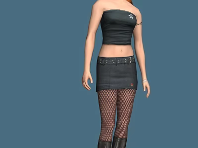 Fashionable Woman In Black Strapless Crop Top With Belted Skirt Fishnet Stockings And Knee Boots 3d model