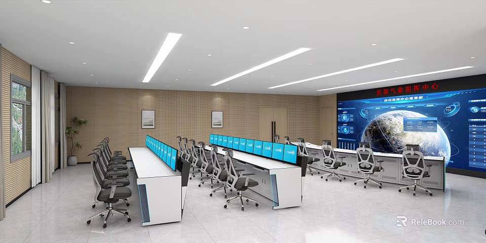 Efficient Control Room Setup With Multiple Monitor Rows Ergonomic Chairs And Large Digital Display Panel 3d model