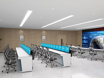 Efficient Control Room Setup With Multiple Monitor Rows Ergonomic Chairs And Large Digital Display Panel 3d model