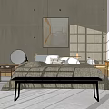 Modern Double Bed In Bedroom With Concrete Wall Abstract Painting And Bench