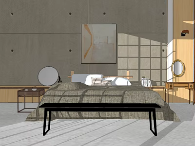 Modern Double Bed In Bedroom With Concrete Wall Abstract Painting And Bench 3d model