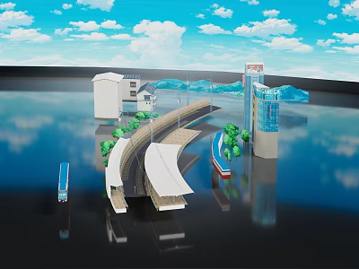 Cartoon Scene With Curved Bridge Tall Buildings Bus Boat Green Trees And Sky Reflections 3d model