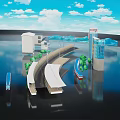 Cartoon Scene With Curved Bridge Tall Buildings Bus Boat Green Trees And Sky Reflections