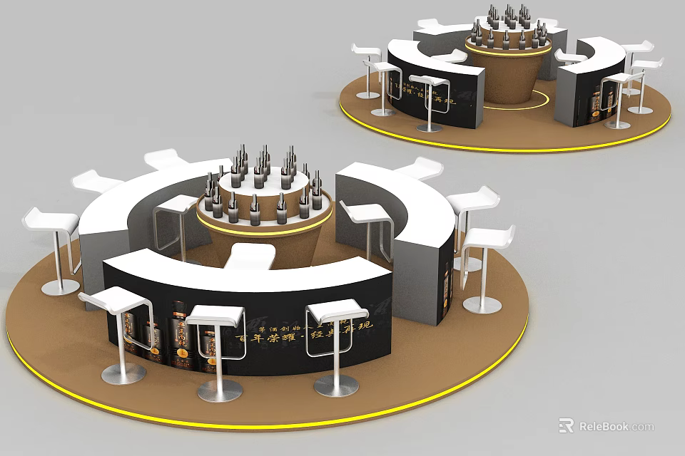 Modern Circular Display Shelves With Wine Bottles And High Stools Design 3d model