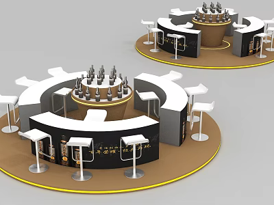 Modern Circular Display Shelves With Wine Bottles And High Stools Design 3d model