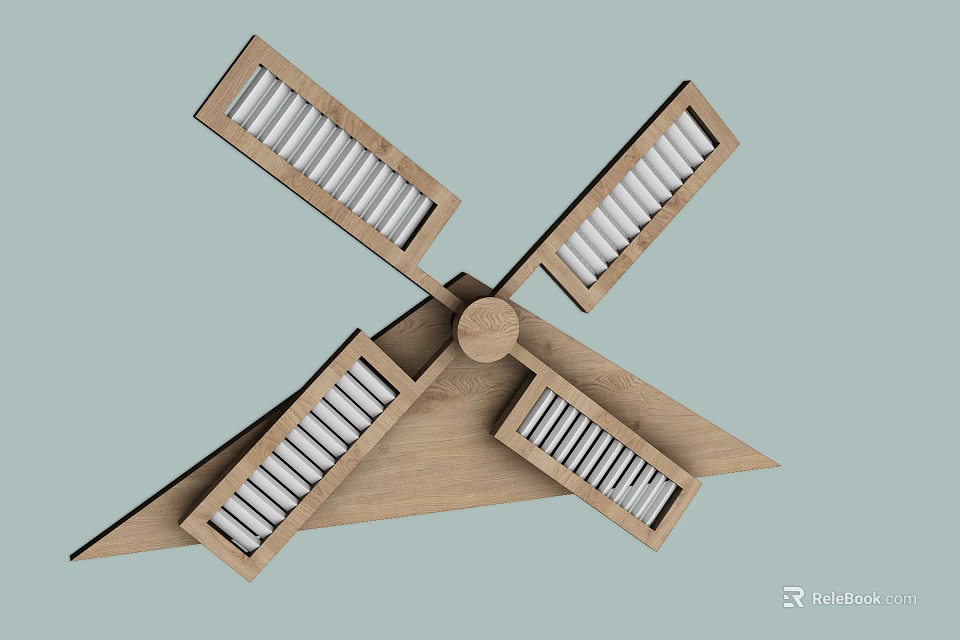 Wooden Windmill Shaped Architectural Component with Symmetrical Blades and Grille Design and Circular Center Structure 3d model 