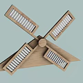 Wooden Windmill Shaped Architectural Component with Symmetrical Blades and Grille Design and Circular Center Structure