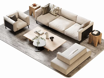 Modern Stylish Sofa And Coffee Table Set With Wooden Table Armchair Decorative Pillows And Area Rug 3d model