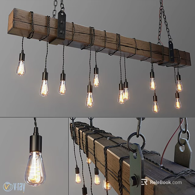 Industrial Wooden Track Chandelier With Multiple Hanging Filament Bulbs And Metal Chains 3d model 
