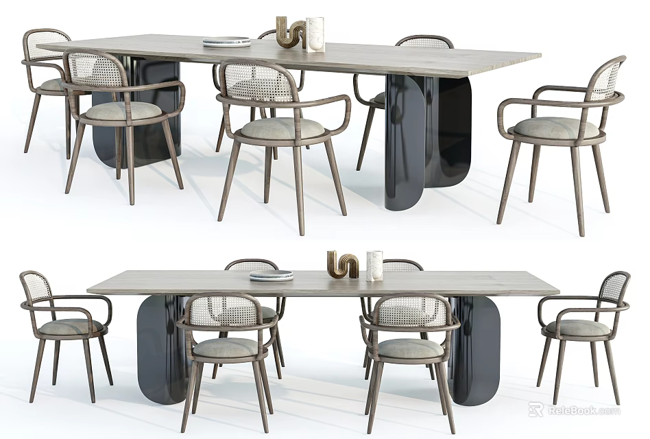 Modern Dining Table Set With Rectangular Wooden Top And Curved Back Chairs 3d model