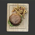 Juicy Hamburger with Sesame Bun Lettuce Patty and Crispy French Fries on Wooden Board