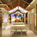 Chinese Restaurant Interior With Mountain Water Ceiling And Wooden Dining Tables Chairs