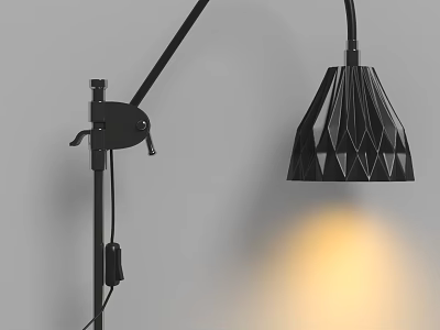 Black Floor Lamp with Geometric Lampshade and Adjustable Arm Emitting Warm Light 3d model