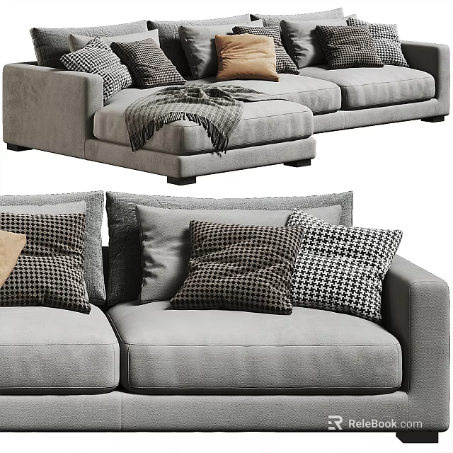 Modern Gray Sectional Sofa With Plaid Pillows And Cozy Throw Blanket 3d model