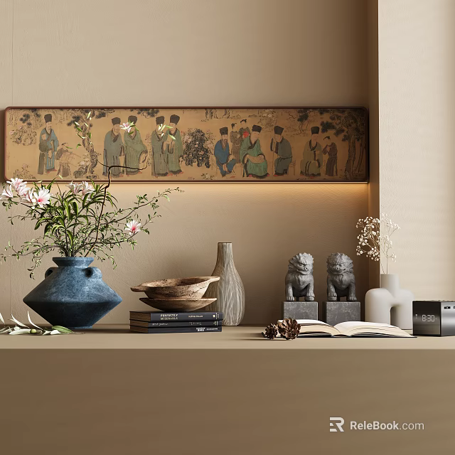 Decorative Ornament Combination on Shelf with Blue Vase Wooden Bowls Stone Lions and Figure Painting 3d model 
