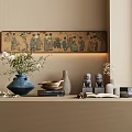 Decorative Ornament Combination on Shelf with Blue Vase Wooden Bowls Stone Lions and Figure Painting