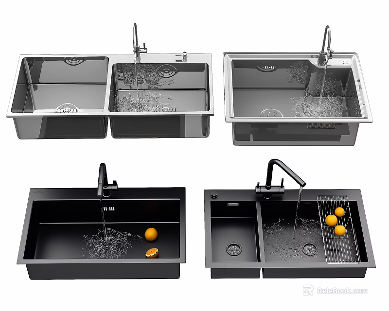Modern Stainless Steel Kitchen Sinks Double And Single Bowl With Faucet Drainer And Oranges 3d model 