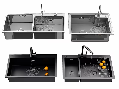Modern Stainless Steel Kitchen Sinks Double And Single Bowl With Faucet Drainer And Oranges 3d model