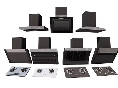 Black Kitchen Appliances Featuring Range Hoods And Gas Stoves With Modern Designs 3d model