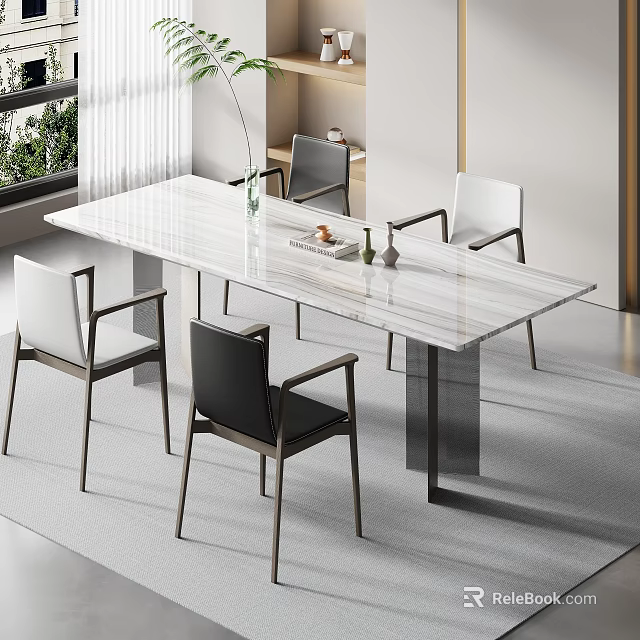Modern Dining Table Set With Marble Top And Metal Frame Black White Chairs 3d model 