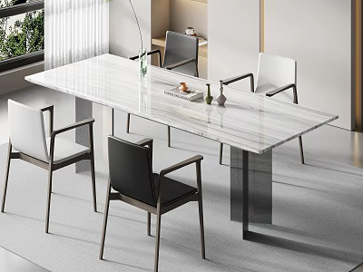 Modern Dining Table Set With Marble Top And Metal Frame Black White Chairs 3d model