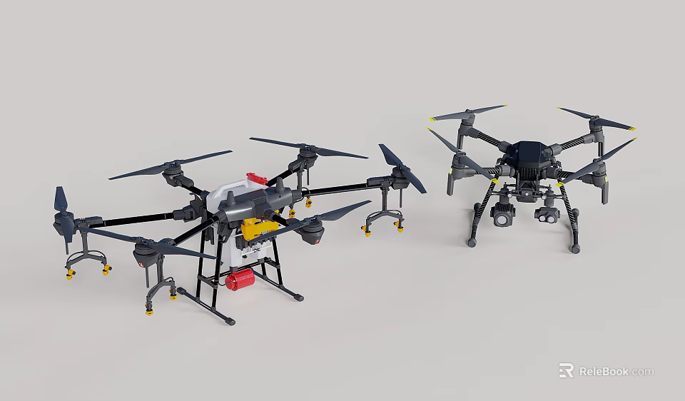 Two Black Multi Rotor Helicopters Featuring Rotors And Landing Gear Design Details 3d model 
