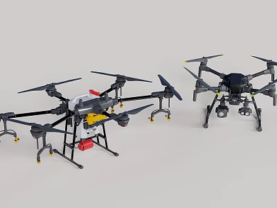Two Black Multi Rotor Helicopters Featuring Rotors And Landing Gear Design Details 3d model