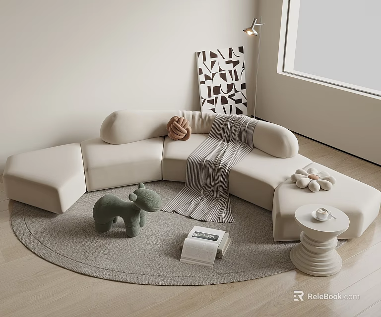 Modern Beige Sectional Sofa with Gray Throw Blanket Toy Round Rug Side Table Natural Light 3d model 