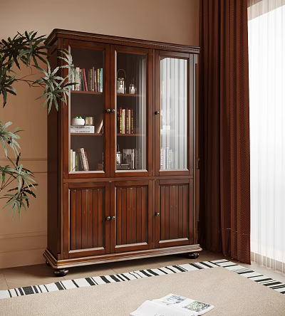 Wooden Bookcase With Glass Doors Holding Books Decorative Items And Plant By Curtain 3d model