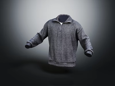 Stylish Gray High Neck Zip Up Sweater With Ribbed Texture And Long Sleeves 3d model