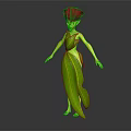 Green Plant Based Mythical Creature With Red Flower Headdress And Leafy Flowing Costume