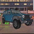 Blue Jeep SUV With Shiny Pavement And Urban City Night Scene