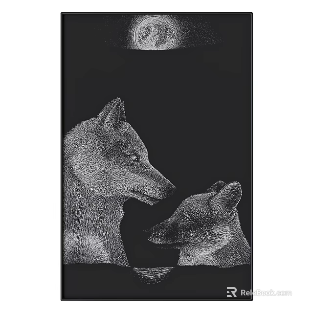 Black and White Wolf Animal Painting With Parent and Cub Under Moonlight 3d model 
