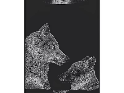 Black and White Wolf Animal Painting With Parent and Cub Under Moonlight 3d model