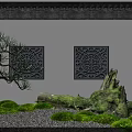 Chinese Style Scenic Wall With Carved Lattice Panels And Pine Tree Moss Pebbles