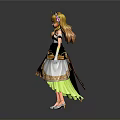 3D Model Anime Female Character With Long Golden Hair Flower Crown Black And Green Dress