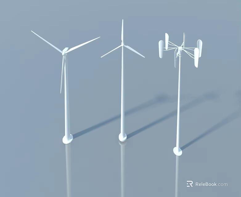 White Wind Turbine Models with Light Blue Background and Shadows 3d model