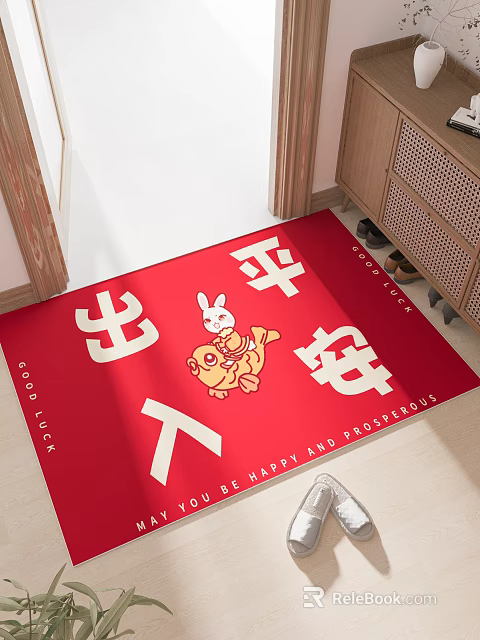 Wooden Shoe Cabinet At Entrance With Red Lucky Mat And Rabbit Fish Patterns 3d model 