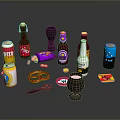 Assorted Drinks and Snacks Collection with Cans Bottles Pretzels Chips and Glassware