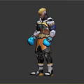 Game And Movie Character With Golden Hair Colorful Armored Outfit Blue Gloves And Orange Shorts
