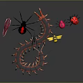 Colorful Insects Red Centipede Black Spider Yellow Bee And Ladybug On Gray Surface 3d model