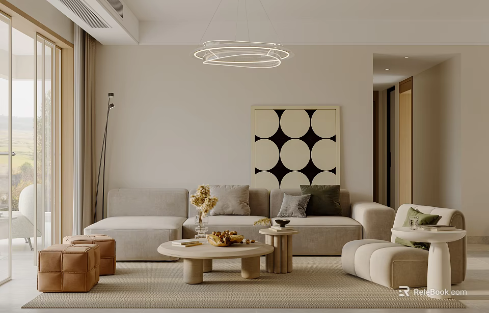 Modern Living and Dining Room Interior Design With Sofa Coffee Table Pendant Light And Decorative Painting 3d model 