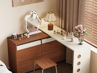 Wooden Dressing Table With Drawers Mirror Table Lamp Cosmetics Perfumes And Pink Flowers Near Curtains 3d model