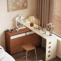 Wooden Dressing Table With Drawers Mirror Table Lamp Cosmetics Perfumes And Pink Flowers Near Curtains