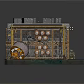 Industrial Mechanical Structure With Metal Frame Square Boxes Circular Canisters And Yellow Grid Floor