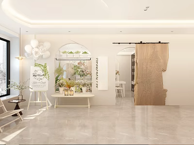 White Toned Specialty Store Interior With Display Shelves Green Plants Decorations Wooden Partition Pendant Lights 3d model