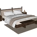Double Bed With Wooden Headboard Nightstands Footstool White Sheets And Brown Blanket