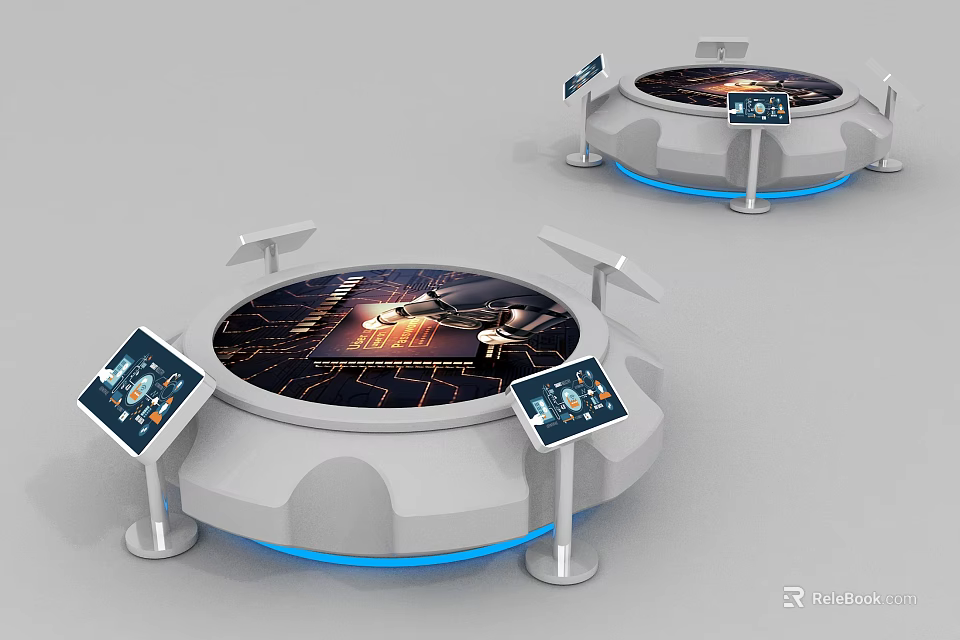 Modern Circular Exhibition Display Shelves With Interactive Screens And Blue Lighting Edges 3d model 
