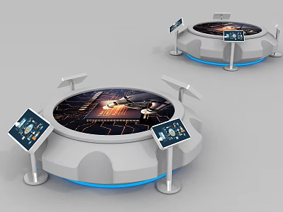 Modern Circular Exhibition Display Shelves With Interactive Screens And Blue Lighting Edges 3d model